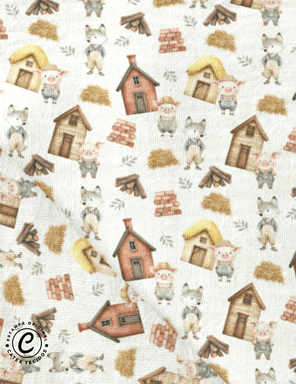 Tecido Fralda Estampada - Coleção Contos - Os Três Porquinhos - Casinhas - 100% Algodão - 70cm x 70cm