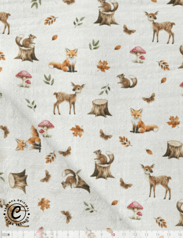 Tecido Fralda Estampada - Coleção Encanto da Floresta - Florestinha - 100% Algodão - 70cm x 70cm