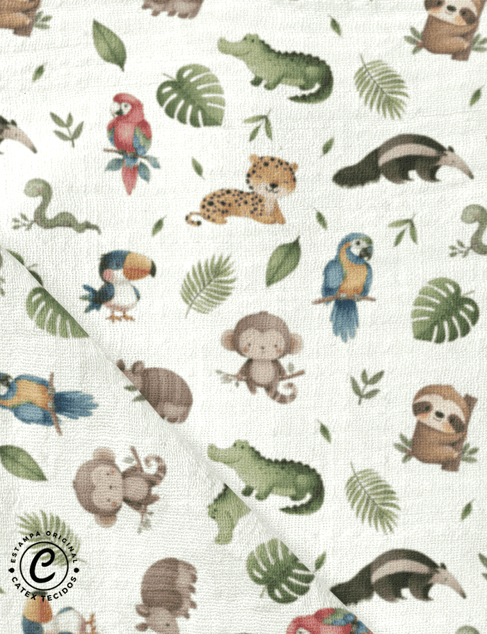 Tecido Fralda Estampada - Coleção Fauna Divertida - Aventuras na Mata - 100% Algodão - 70cm x 70cm