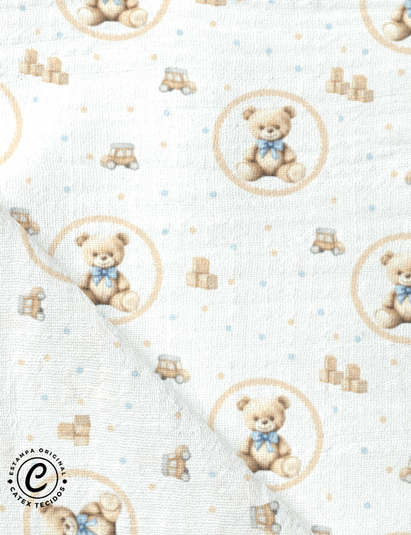 Tecido Fralda Estampada - Coleção Teddy Bear Boy - O Ursinho - 100% Algodão - 70cm x 70cm