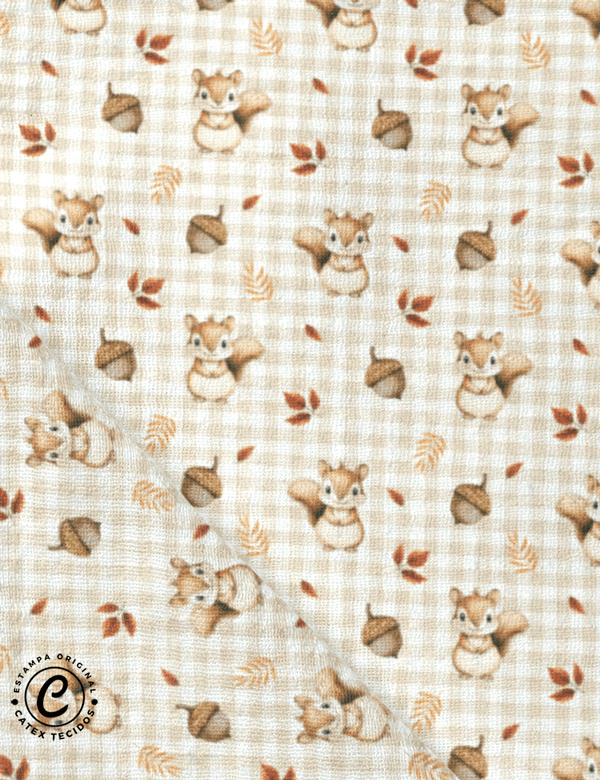 Tecido Fralda Estampada - Esquilo e Nozes - 100% Algodão - 70cm x 70cm
