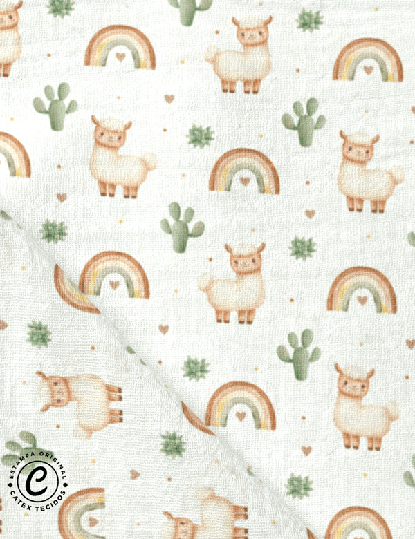 Tecido Fralda Estampada - Lhama Fofinha - 100% Algodão - 70cm x 70cm