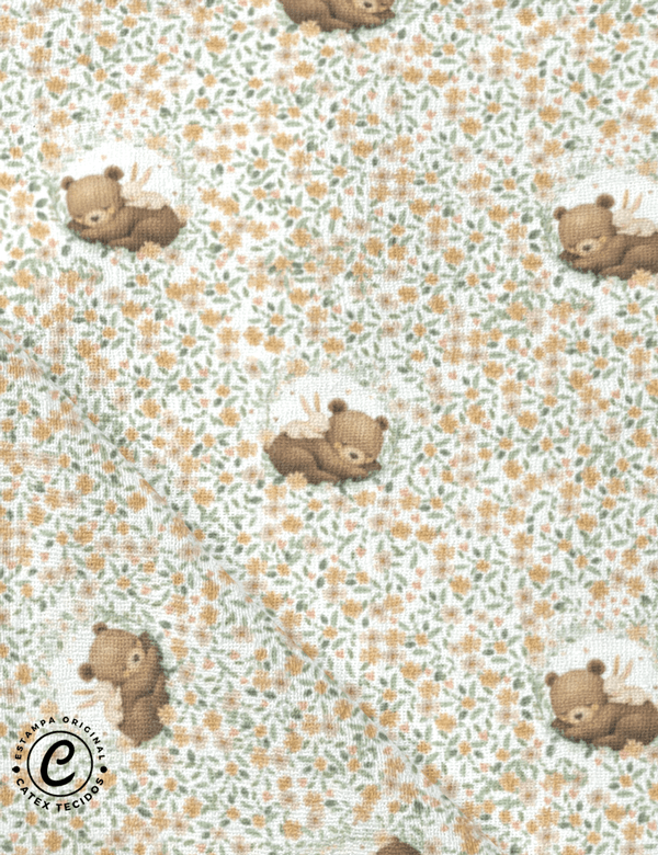 Tecido Fralda Estampada - Pequeno Urso - Jardim - 100% Algodão - 70cm x 70cm