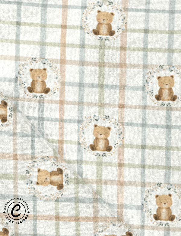 Tecido Fralda Estampada - Pequeno Urso - Xadrez - 100% Algodão - Largura 70 cm