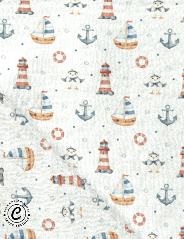 Tecido Fralda Estampada - Porto Farol - 100% Algodão - 70cm x 70cm