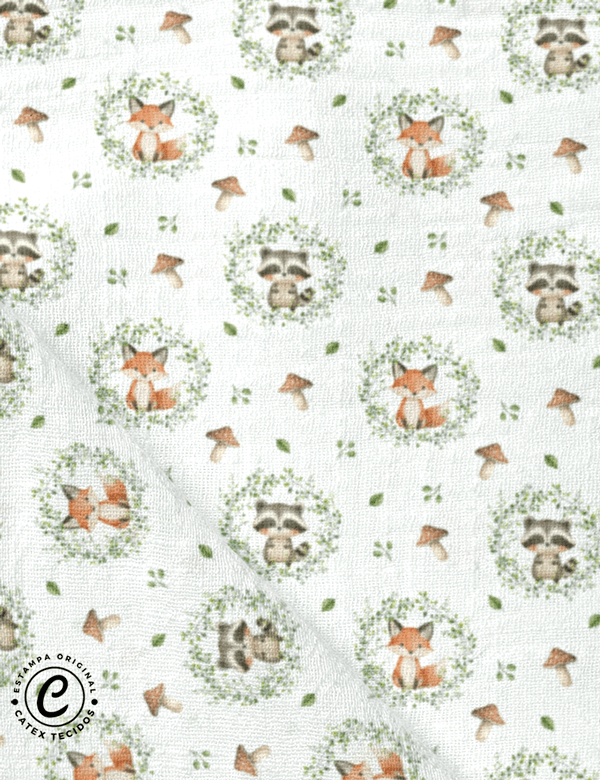 Tecido Fralda Estampada - Raposa e Guaxinim - 100% Algodão - 70cm x 70cm