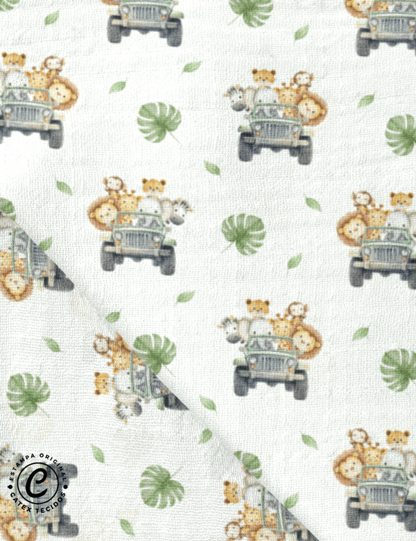 Tecido Fralda Estampada - Um Passeio no Safári - 100% Algodão - 70cm x 70cm