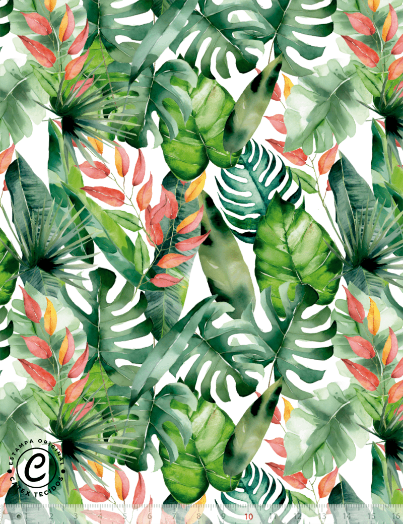 Tecido Tricoline Especial Coleção Aquarela Tropical - Folhas do Dia - 100% Algodão - Largura 1,50m