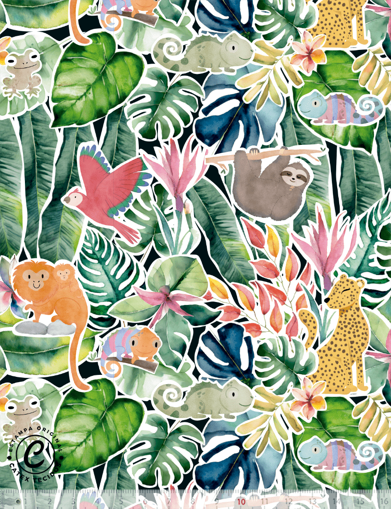 Tecido Tricoline Especial Coleção Aquarela Tropical - Nosso Habitat - 100% Algodão - Largura 1,50m