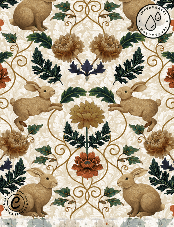 Tecido Sarja Impermeável Especial Coleção Páscoa Jardim Imperial – Arabescos Dourados & Coelhos - 100% Algodão - Largura 1,50m