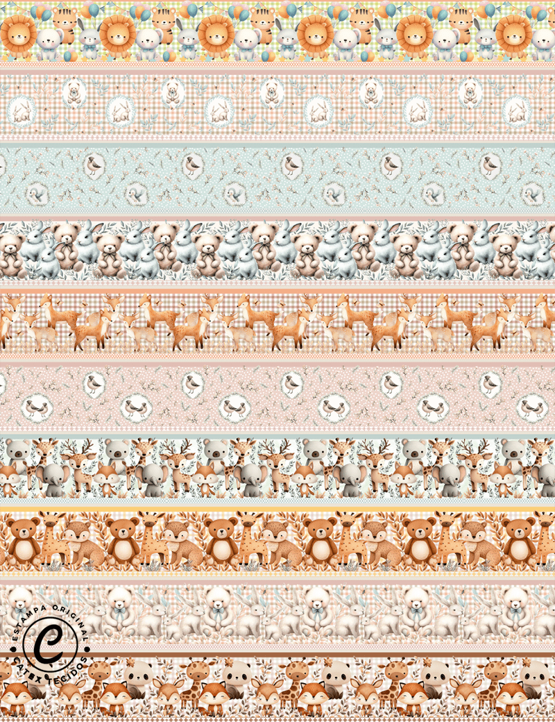 Tecido Tricoline Especial Barrado - Bichinhos Fofos - 100% Algodão - Largura 1,50m