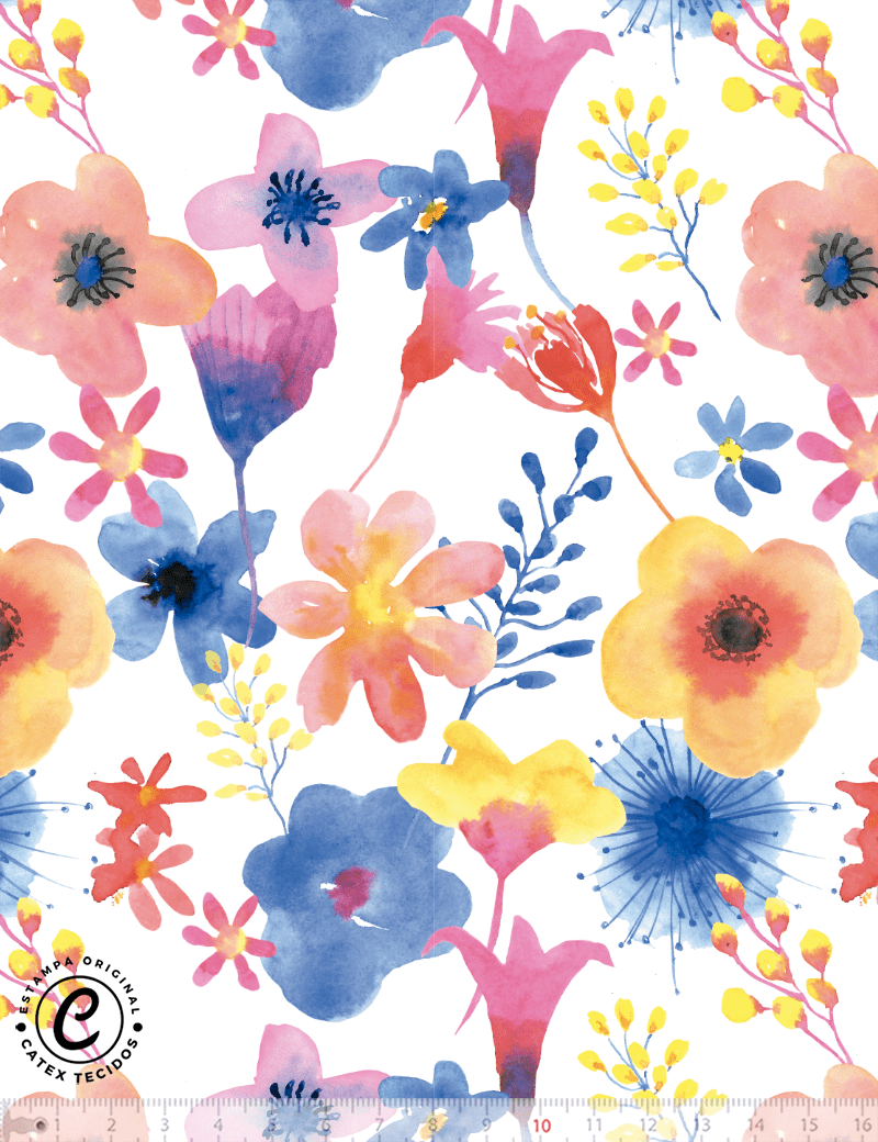 Tecido Tricoline Especial Coleção Alice no País das Maravilhas - Jardim Aquarela - 100% Algodão - Largura 1,50m