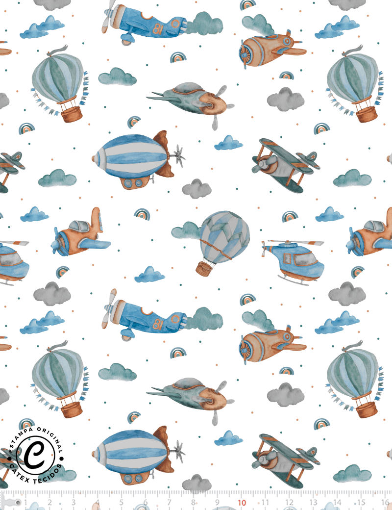 Tecido Tricoline Especial Coleção Aviões Dreams - Céu de Aviões e Helicópteros - 100% Algodão - Largura 1,50m