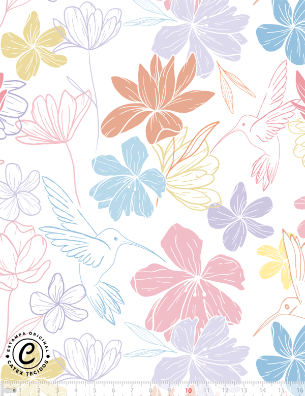 Tecido Tricoline Especial Coleção Beija-Flor - Contorno Flores e Beija-Flor - 100% Algodão - Largura 1,50m