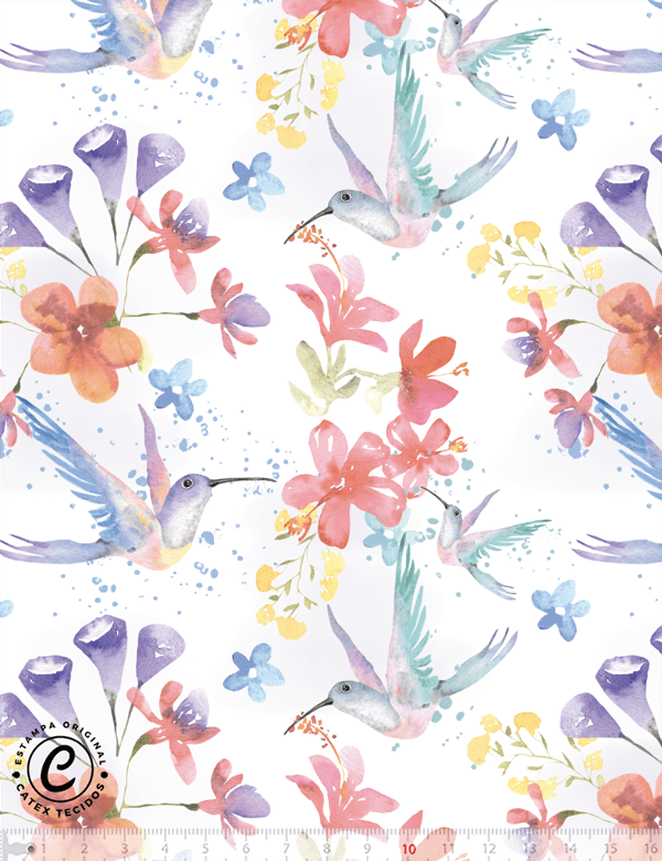 Tecido Tricoline Especial Coleção Beija-Flor - Flores e Beija-Flor - 100% Algodão - Largura 1,50m