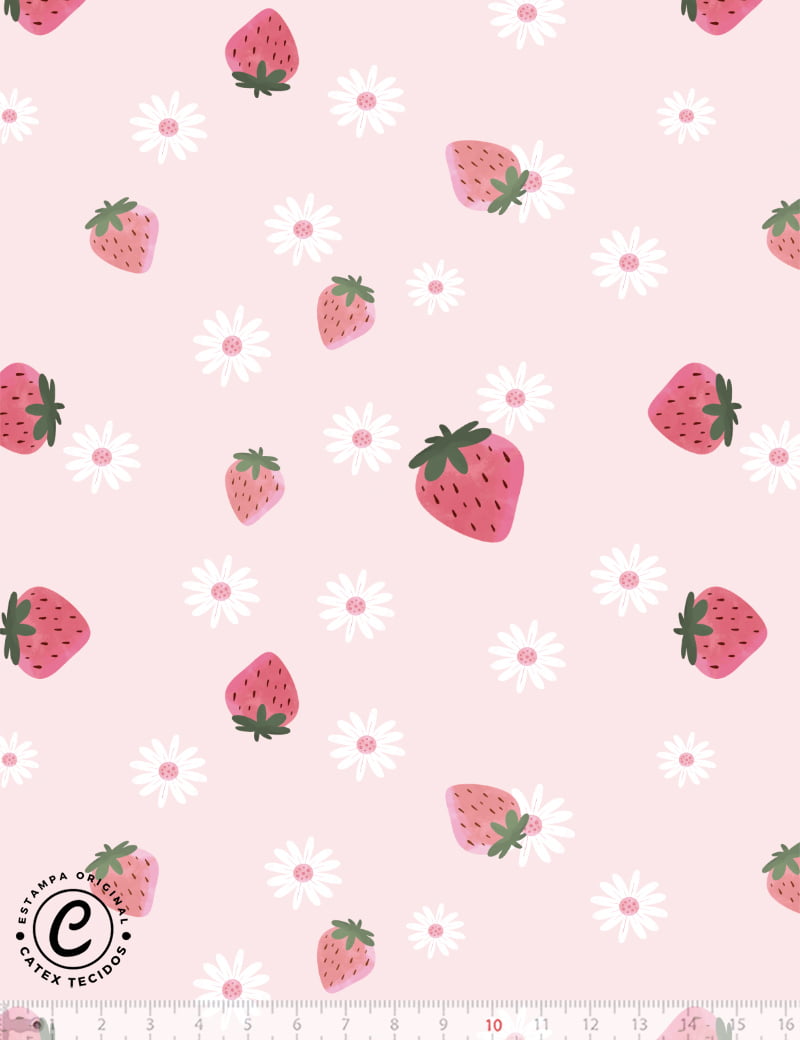 Tecido Tricoline Especial Coleção Bichinhos e Morangos - Pequenos Morangos e Flores - 100% Algodão - Largura 1,50m