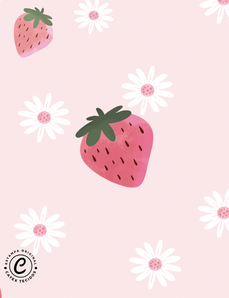 Tecido Tricoline Especial Coleção Bichinhos e Morangos - Pequenos Morangos e Flores - 100% Algodão - Largura 1,50m