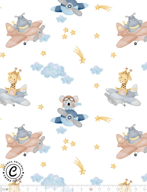 Tecido Tricoline Especial Coleção Bichinhos nas Nuvens - Aviões e Estrelas - 100% Algodão - Largura 1,50m