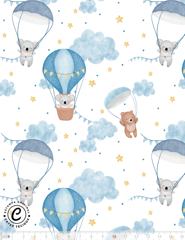 Tecido Tricoline Especial Coleção Bichinhos nas Nuvens - Balões e Paraquedas Azul - 100% Algodão - Largura 1,50m