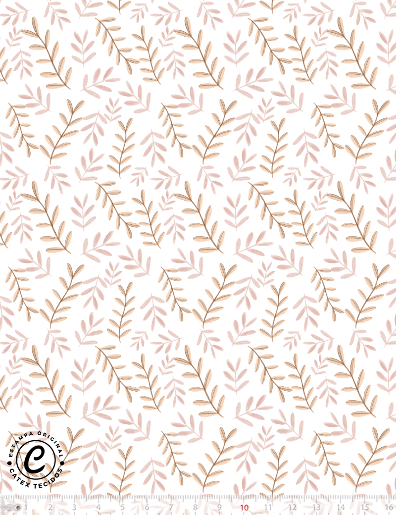 Tecido Tricoline Especial Coleção Boho Baby - Folhas do Bosque - Fundo Branco - 100% Algodão - Largura 1,50m