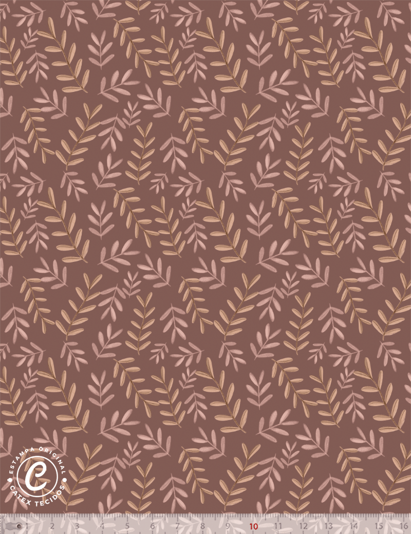 Tecido Tricoline Especial Coleção Boho Baby - Folhas do Bosque - Fundo Marrom - 100% Algodão - Largura 1,50m