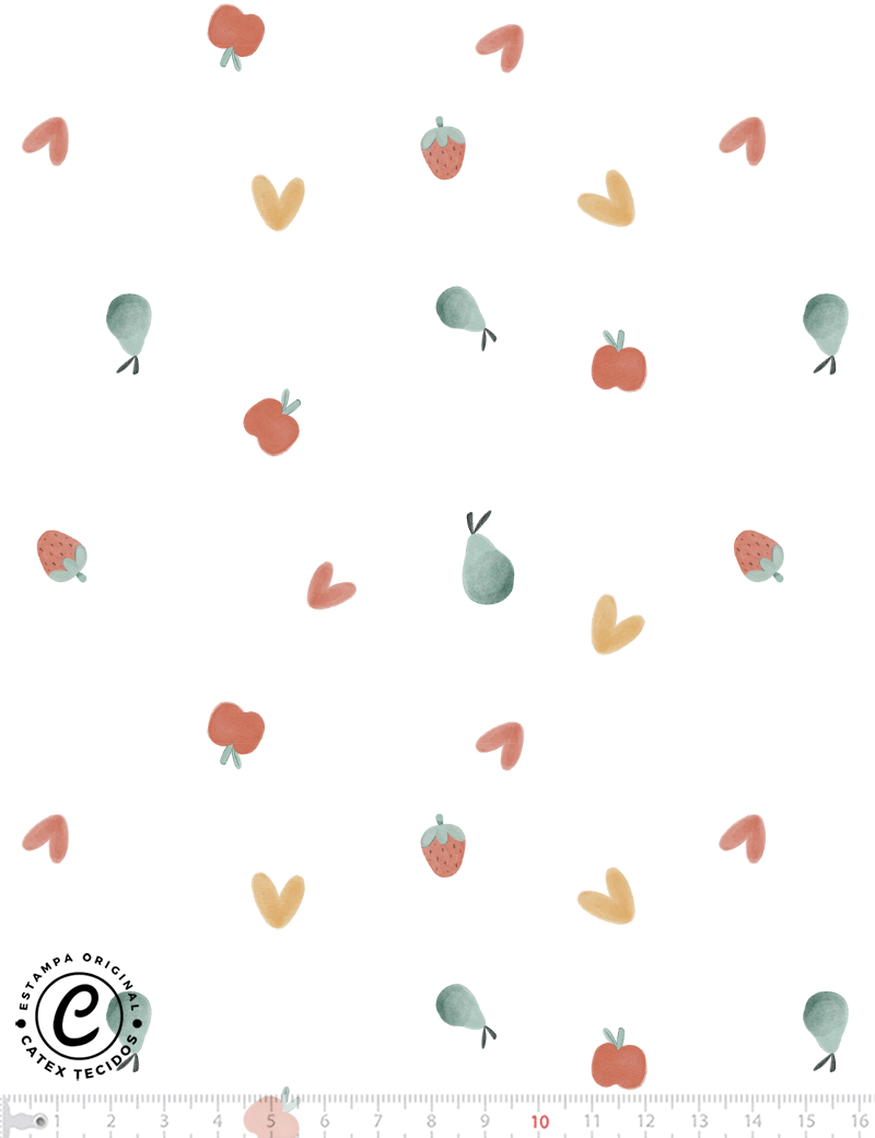 Tecido Tricoline Especial Coleção Boho Baby - Frutinhas e Corações - 100% Algodão - Largura 1,50m