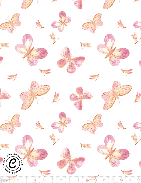 Tecido Tricoline Especial Coleção Borboletas Aquarela - Borboletas e Libélulas Rosa - 100% Algodão - Largura 1,50m