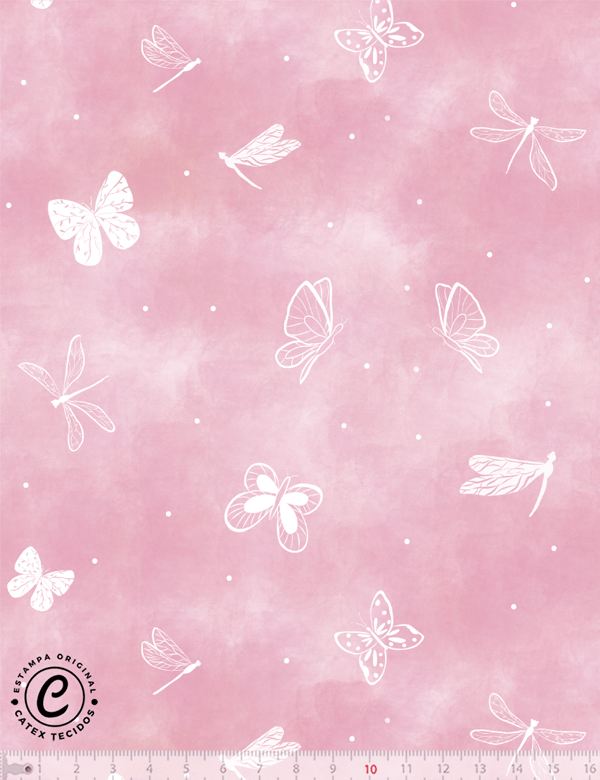 Tecido Tricoline Especial Coleção Borboletas Aquarela - Borboletas - Fundo Rosa - 100% Algodão - Largura 1,50m