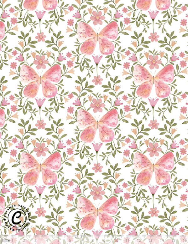Tecido Tricoline Especial Coleção Borboletas Aquarela - Borboletas no Jardim - 100% Algodão - Largura 1,50m