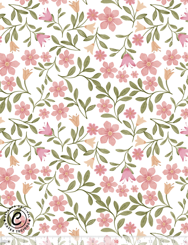 Tecido Tricoline Especial Coleção Borboletas Aquarela - Flores no Jardim - 100% Algodão - Largura 1,50m