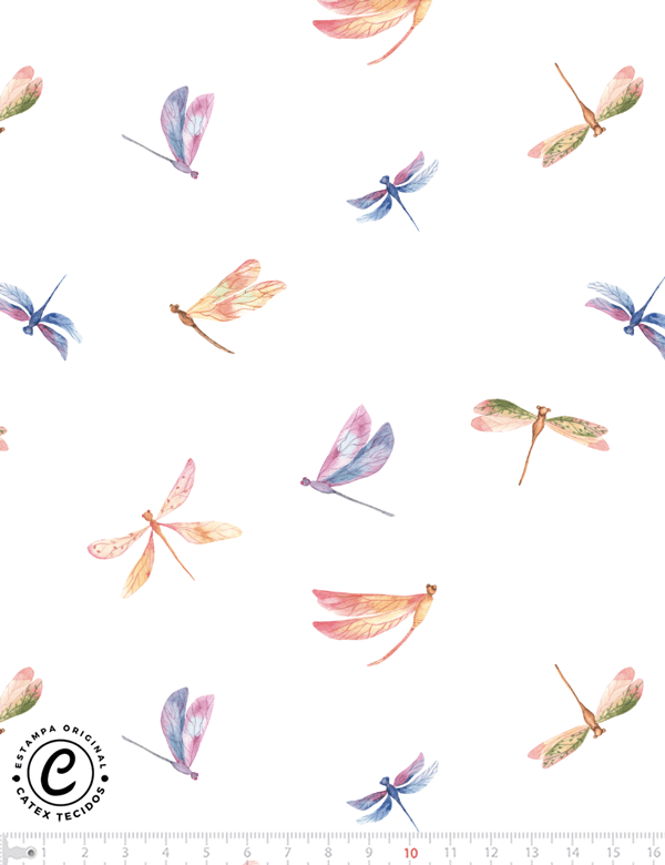 Tecido Tricoline Especial Coleção Borboletas Aquarela - Libélulas - 100% Algodão - Largura 1,50m