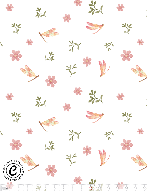Tecido Tricoline Especial Coleção Borboletas Aquarela - Libélulas e Raminhos - 100% Algodão - Largura 1,50m