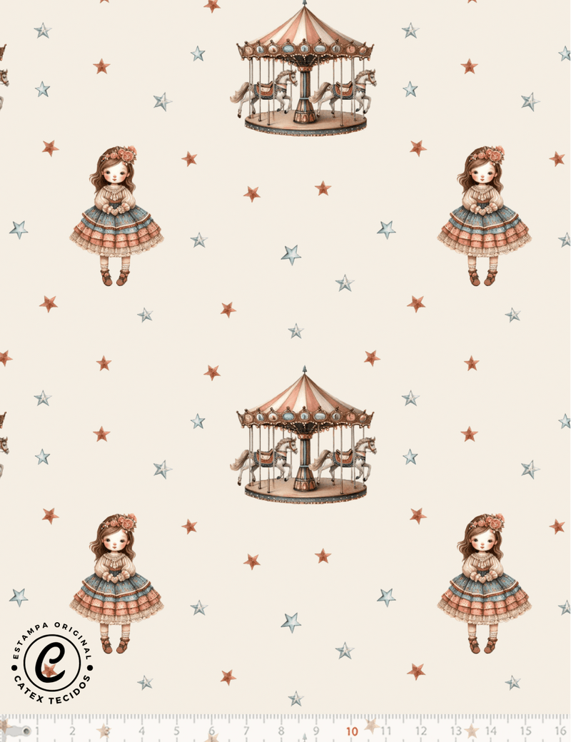 Tecido Tricoline Especial Coleção Circo Vintage - A Menina e O Carrossel - 100% Algodão - Largura 1,50m