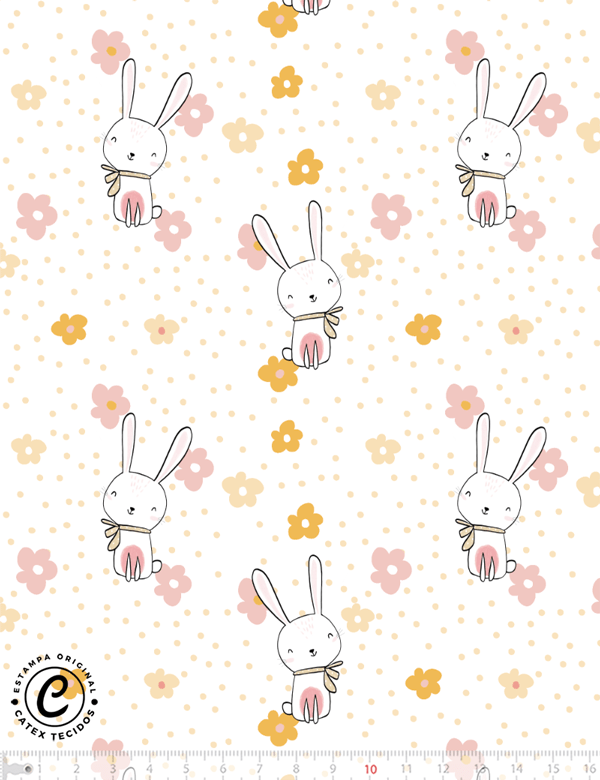 Tecido Tricoline Especial Coleção Coelhinhos e Flores - Coelhinha Fofura - 100% Algodão - Largura 1,50m