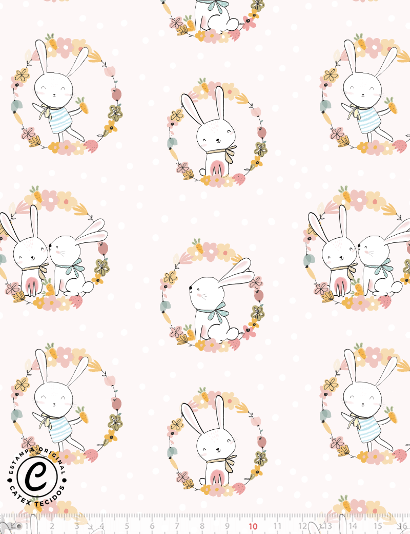Tecido Tricoline Especial Coleção Coelhinhos e Flores - Coelhos Guirlanda - 100% Algodão - Largura 1,50m
