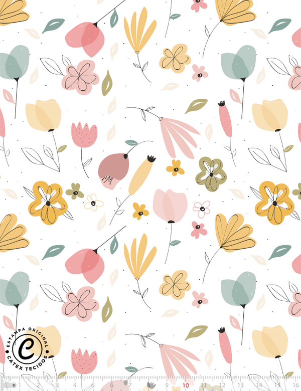 Tecido Tricoline Especial Coleção Coelhinhos e Flores - Floral - 100% Algodão - Largura 1,50m