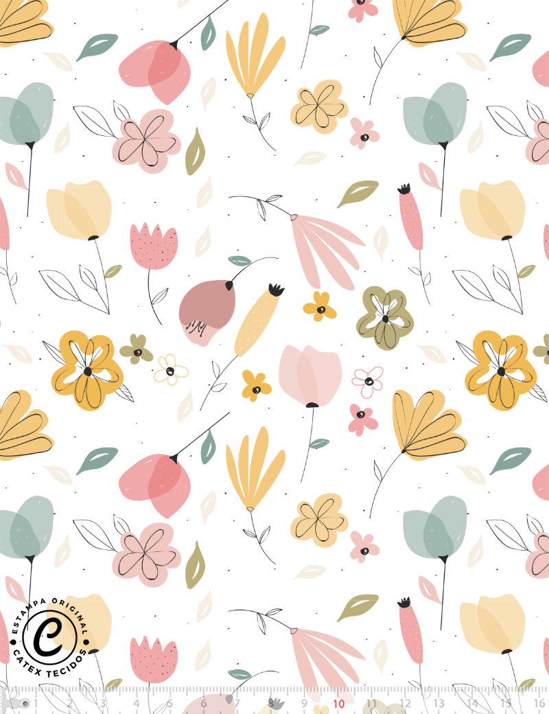 Tecido Tricoline Especial Coleção Coelhinhos e Flores - Floral - 100% Algodão - Largura 1,50m