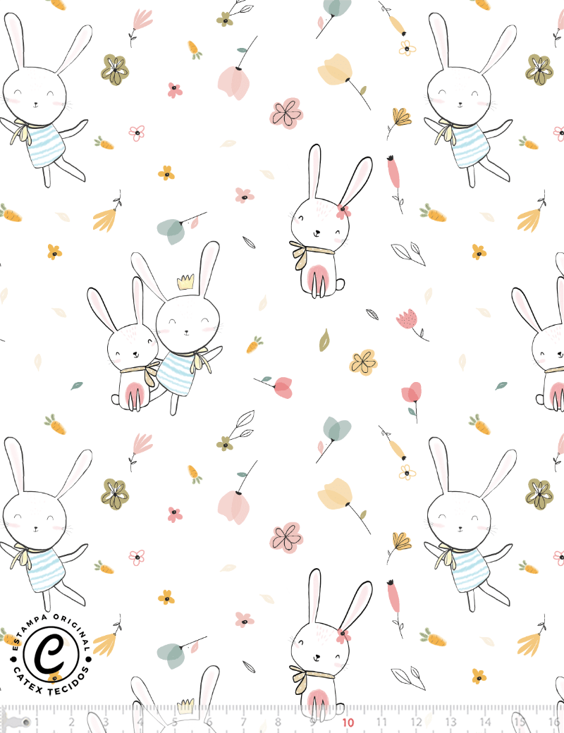 Tecido Tricoline Especial Coleção Coelhinhos e Flores - Jardim dos Coelhos - 100% Algodão - Largura 1,50m