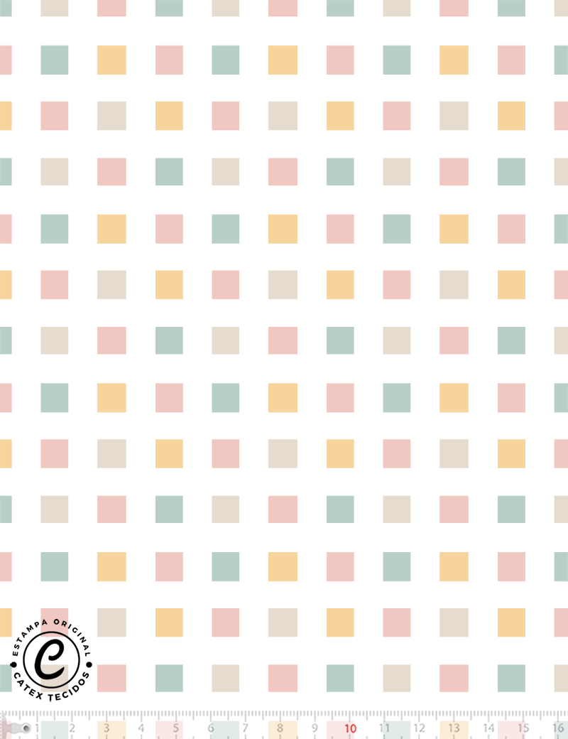 Tecido Tricoline Especial Coleção Coelhinhos e Flores - Quadradinhos Coloridos - 100% Algodão - Largura 1,50m