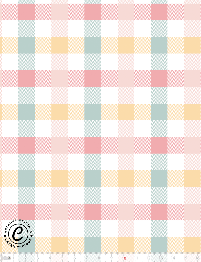 Tecido Tricoline Especial Coleção Coelhinhos e Flores - Xadrez e Cores - 100% Algodão - Largura 1,50m