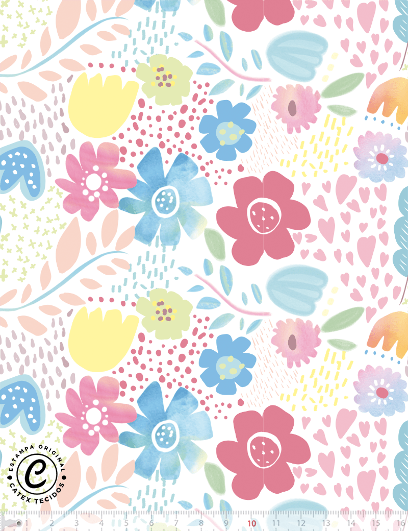 Tecido Tricoline Especial Coleção Conto das Princesas - Flores e Corações - 100% Algodão - Largura 1,50m