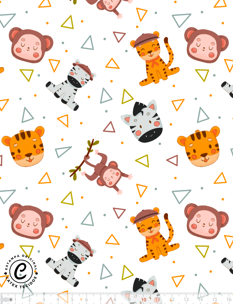 Tecido Tricoline Especial Coleção Cute Safári - Bichinhos e Triângulos - 100% Algodão - Largura 1,50m