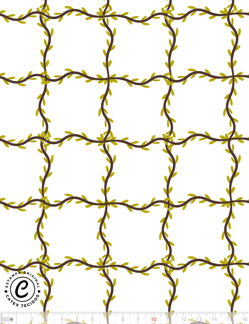 Tecido Tricoline Especial Coleção Cute Safári - Grade - Folhinhas e Galhos - 100% Algodão - Largura 1,50m