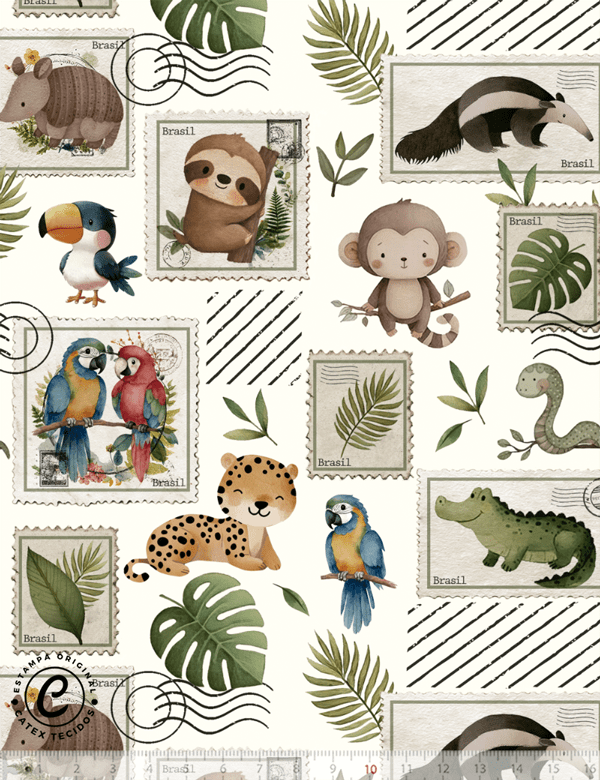 Tecido Tricoline Especial Coleção Fauna Divertida - Cartas da Floresta - 100% Algodão - Largura 1,50m