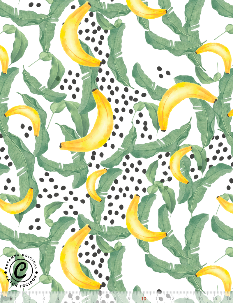 Tecido Tricoline Especial Coleção Frutas Aquarela - Bananas e Folhas - 100% Algodão - Largura 1,50m
