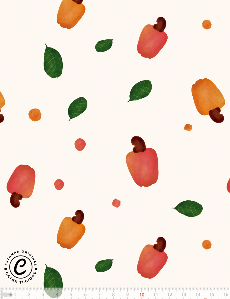 Tecido Tricoline Especial Coleção Frutas Aquarela - Cajuzinhos - 100% Algodão - Largura 1,50m