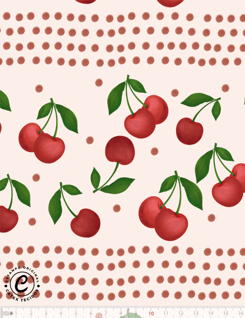 Tecido Tricoline Especial Coleção Frutas Aquarela - Cerejinhas e Pontinhos - 100% Algodão - Largura 1,50m