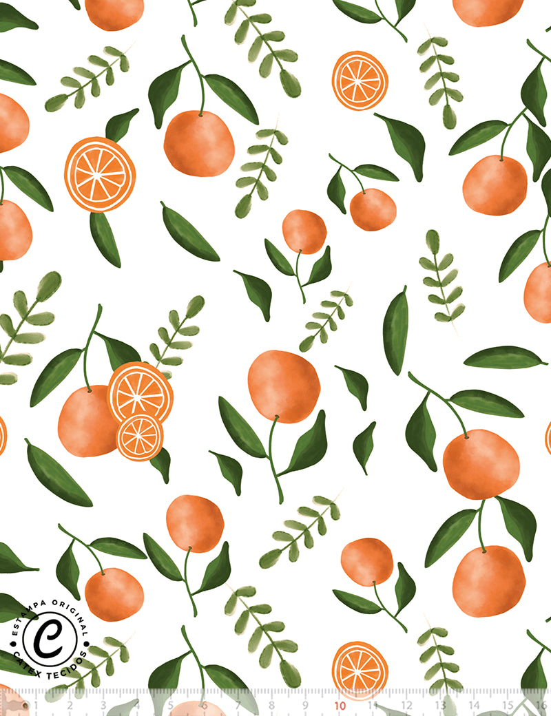 Tecido Tricoline Especial Coleção Frutas Aquarela - Laranjas e Folhas - 100% Algodão - Largura 1,50m