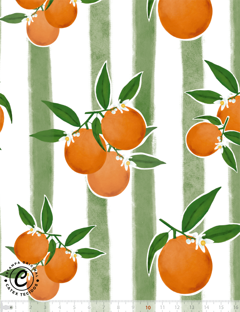 Tecido Tricoline Especial Coleção Frutas Aquarela - Laranjas e Listras - 100% Algodão - Largura 1,50m