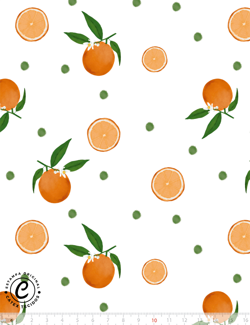 Tecido Tricoline Especial Coleção Frutas Aquarela - Laranjas e Pontinhos - 100% Algodão - Largura 1,50m